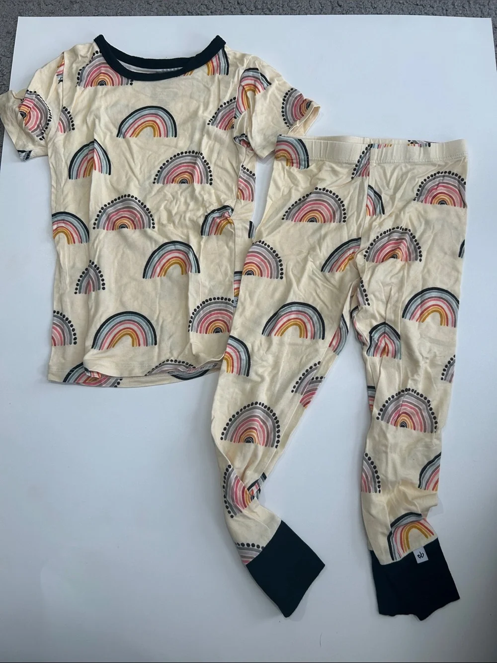 Cream Rainbow Print Kids Pajama Set with Navy Trim